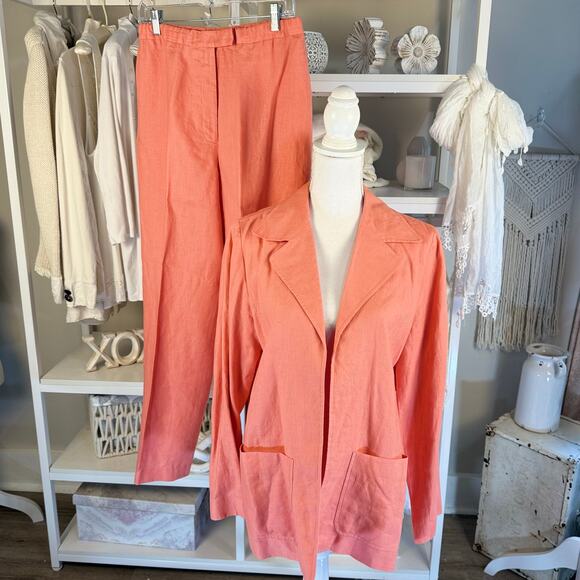 Pursuits Ltd. Size 12 salmon pink orange 100% Linen suit, summer, spring #3791